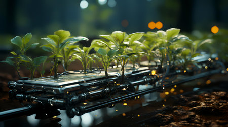 Plant seedlings in the greenhouse. Smart farming concept. 3D Renderingの素材