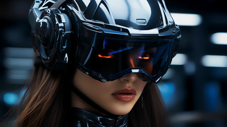 Close-up portrait of a futuristic female robot in futuristic helmet.の素材
