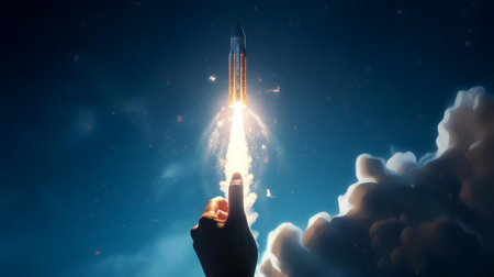 Rocket taking off into the sky. Mixed media. 3D renderingの素材