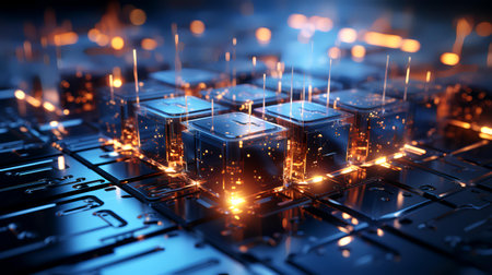 3d render of computer circuit board with glowing lights. Computer concept.の素材