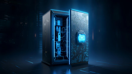 Futuristic server with circuit board on dark background 3D renderingの素材