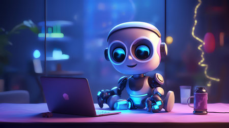 Robot working on a laptop at night. 3D rendering.の素材