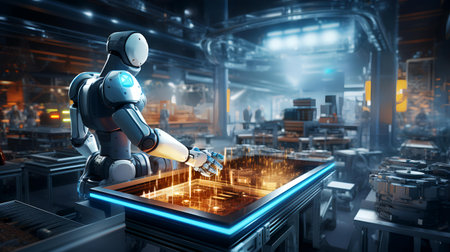 Robot working on tablet pc in modern factory. 3D renderingの素材