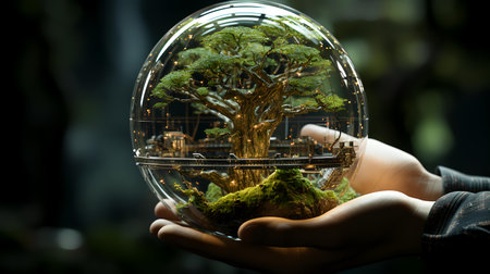 Hand holding glass globe with tree in it. Environment protection concept.の素材