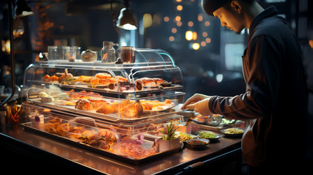 Male barista serving a variety of appetizers in a restaurant.の素材