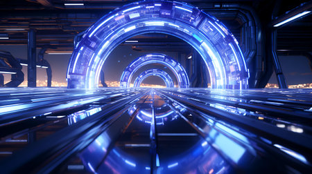 Futuristic corridor with glowing lights. Futuristic tunnel. 3D renderingの素材