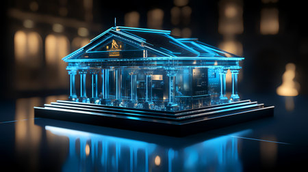 3d rendering of bank building with reflection on water surface in darkの素材