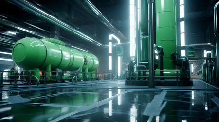 Industrial zone, Steel pipelines, cables and walkways in blue tonesの素材