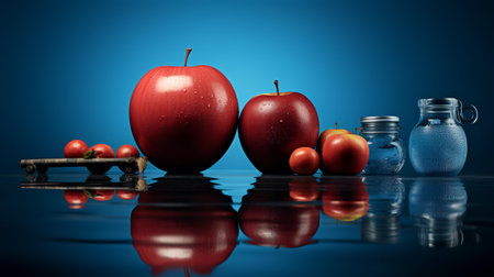 Still life with red apples and tomatoes on a blue background with reflectionの素材