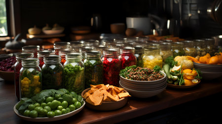 Variety of pickled vegetables and fruits in glass jars on wooden counterの素材