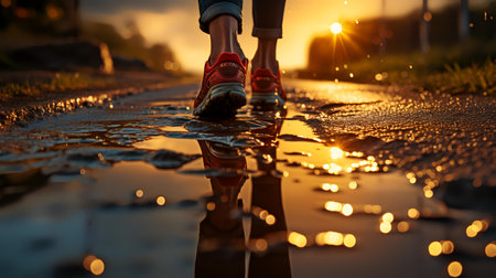 Runner feet running on wet road at sunrise. woman fitness jogging workout wellness concept.の素材