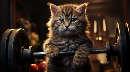 Cute tabby kitten lifting a barbell in the gym.の素材