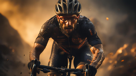 Cyclist Riding a Mountain Bike on the Dirt Track. Extreme Sport Concept.の素材