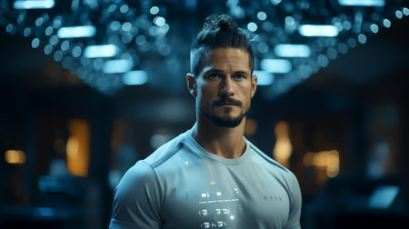 Handsome young man in sportswear looking at camera while standing in gymの素材