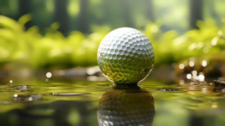 Golf ball on the green grass in the golf course with water dropsの素材