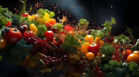 Fresh organic fruits and vegetables on dark background. Healthy food concept.の素材