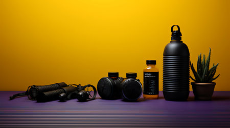 Set of different body care products on a purple and yellow background.の素材