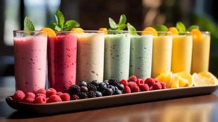 Colorful smoothies with berries and mint on a wooden table.の素材