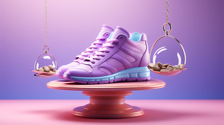 Pair of purple sneakers on a weighing scale. 3d renderingの素材