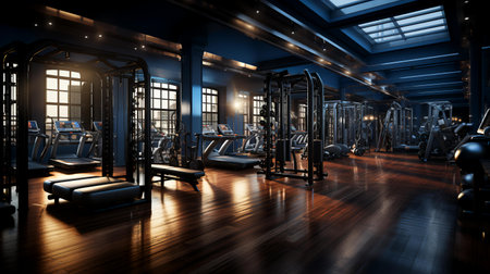Interior of a fitness hall at night. 3D rendering.の素材