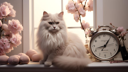 Beautiful persian cat and alarm clock on window sill at homeの素材