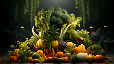 Composition with variety of raw vegetables on dark background. Balanced dietの素材