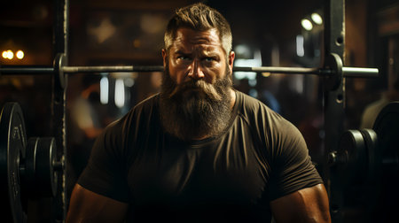 Portrait of a strong brutal man with a long beard and mustache in a dark gymの素材