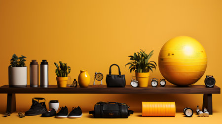 3d rendering of fitness and healthy lifestyle concept with gym equipment on shelfの素材