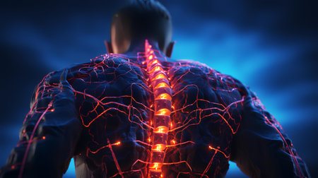 Conceptual image of human body anatomy with glowing spine. 3D Renderingの素材