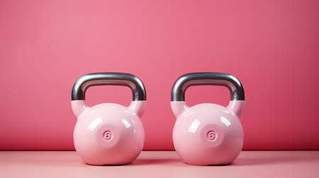 Two pink kettlebells on pink background. Sport and fitness concept.の素材