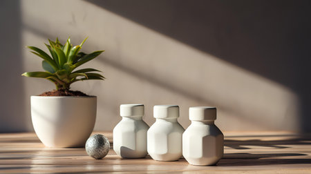 white cosmetic bottles on wooden table and green plant in pot with sunlightの素材