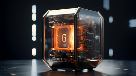 3D rendering of a robot vacuum cleaner with a glowing display.の素材