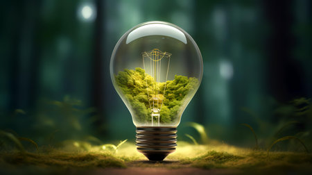 Glowing lightbulb with green forest inside. 3D renderingの素材