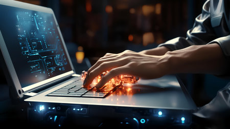 Close up of woman hands working on laptop at night. Mixed mediaの素材