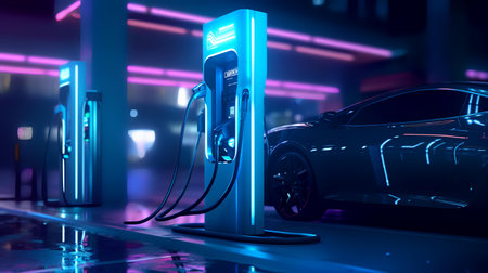 Electric car charging station. 3D rendering. Technology and environment concept.の素材