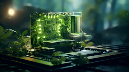 3D rendering of a green microchip on a computer table.の素材