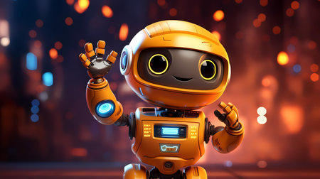 3d rendering of cute robot with hand up in front of bokeh backgroundの素材