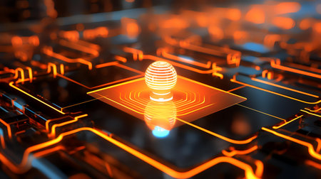 3d rendering of a computer chip with a glowing light inside.の素材