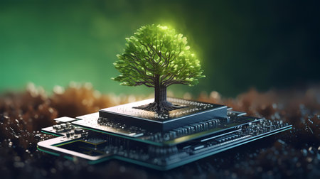 Conceptual image of green tree growing out of cpu. 3D renderingの素材