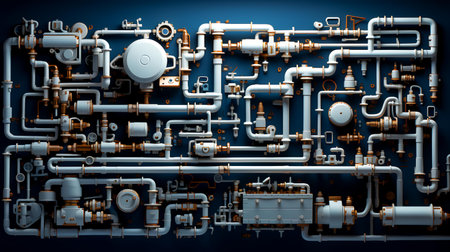 3d rendering of industrial pipes and valves on dark blue background.の素材
