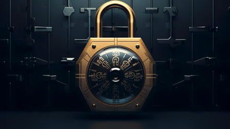 Cyber security concept. Golden padlock on dark background. 3D renderingの素材