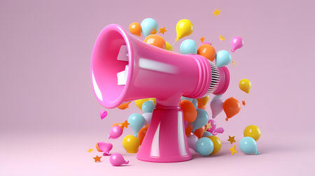 Pink megaphone with colorful balloons on pink background. 3D renderingの素材