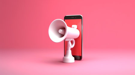 Mobile phone with megaphone on pink background. 3D renderingの素材