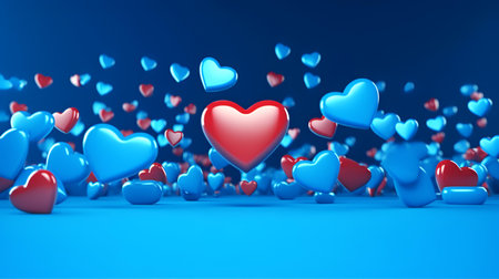 3d rendering of red heart with blue hearts on blue background.の素材