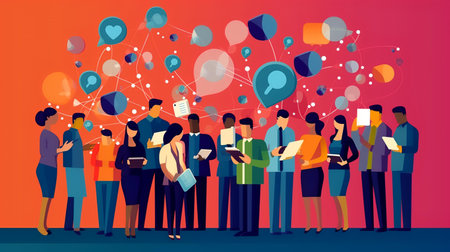 People working with social media and network connection. Flat vector illustration.の素材