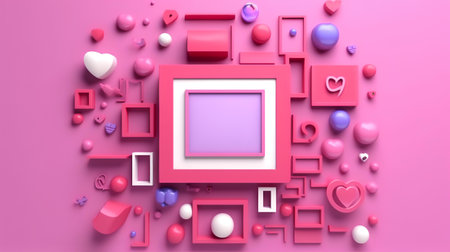 3d rendering of pink abstract background with colorful hearts and frame.の素材