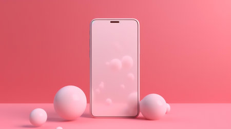 Smartphone with pink balls on pink background. 3D rendering.の素材
