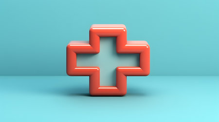 Red cross icon on blue background. 3D rendering. Symbol of medicine.の素材