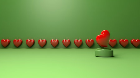 3d rendering of a red heart on a green background with red heartsの素材