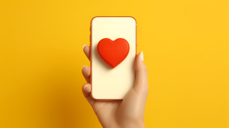 Female hand holding mobile phone with red heart on yellow background, top viewの素材